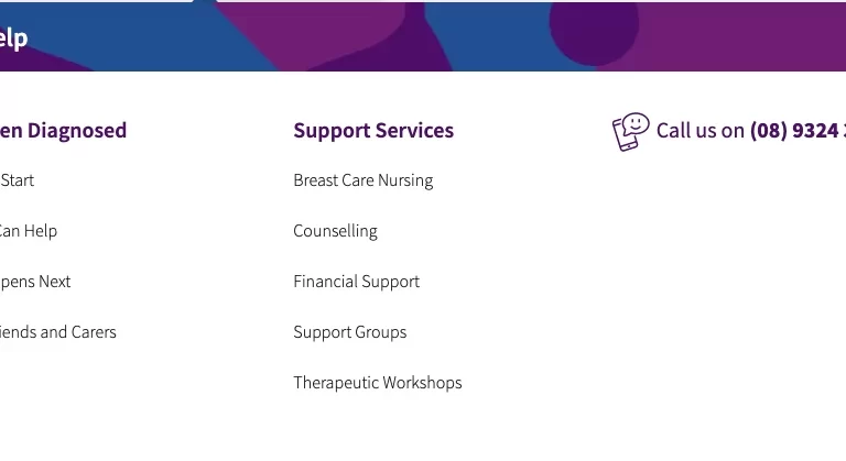 The Breast Cancer Care WA navigation menu we designed for their website