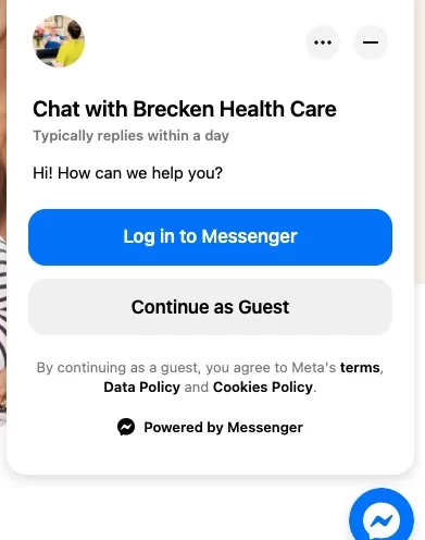 A Facebook Messenger chat box integration we installed for Brecken Health Care's website