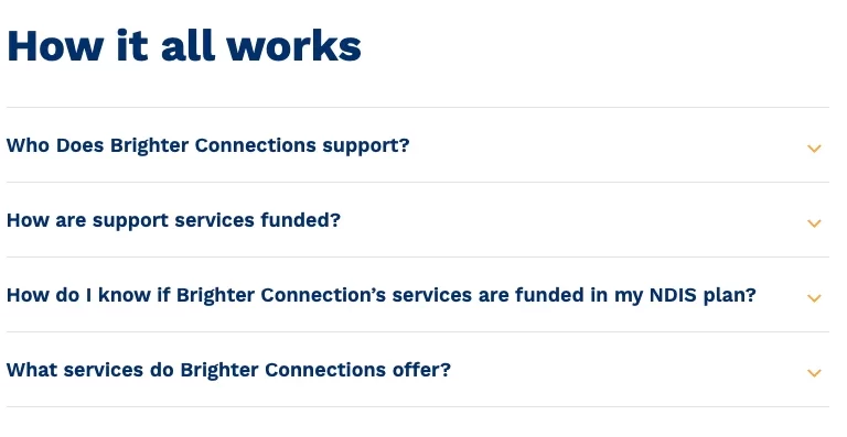 An FAQ section we designed for Brighter Connections