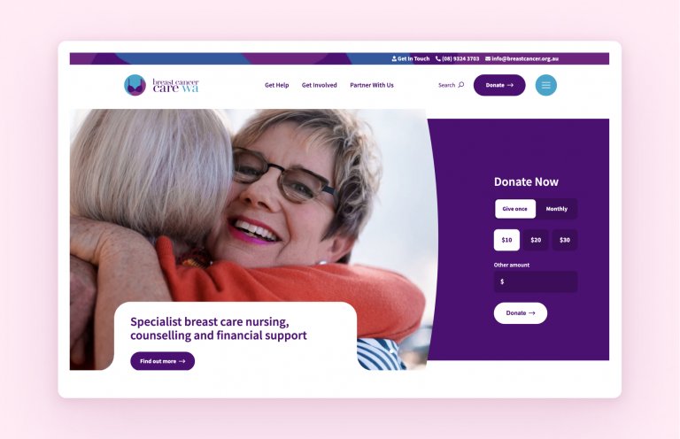 The website home page design for Breast Cancer Care WA