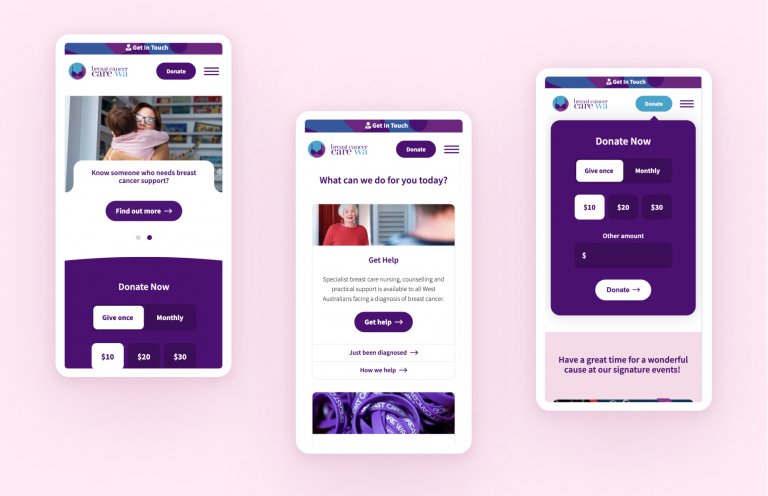 The mobile website designs for Breast Cancer Care WA