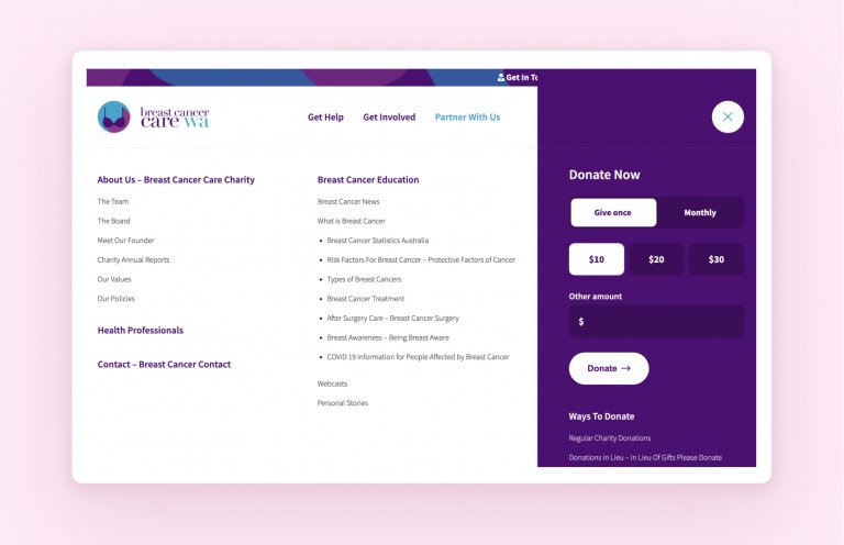 The website navigation menu design for Breast Cancer Care Wa