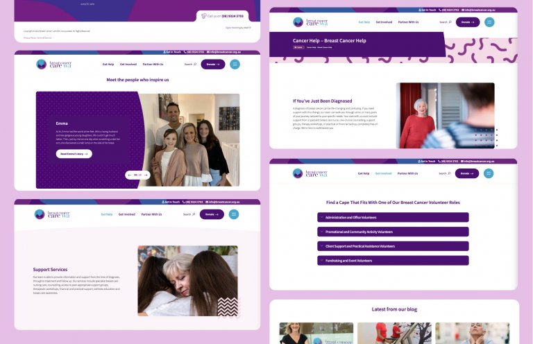 The website home page designs for Breast Cancer Care WA