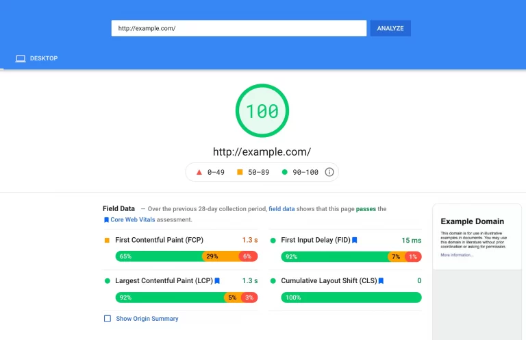 Screenshot of a Google Page Experience Score for a website