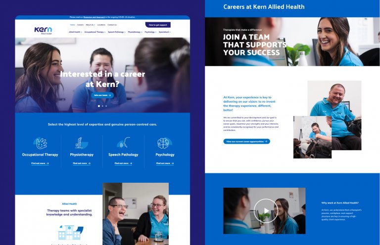 The website home page sections we designed for Kern Allied Health