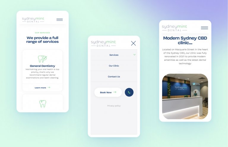 Sydney Mint Dental mobile home page designs