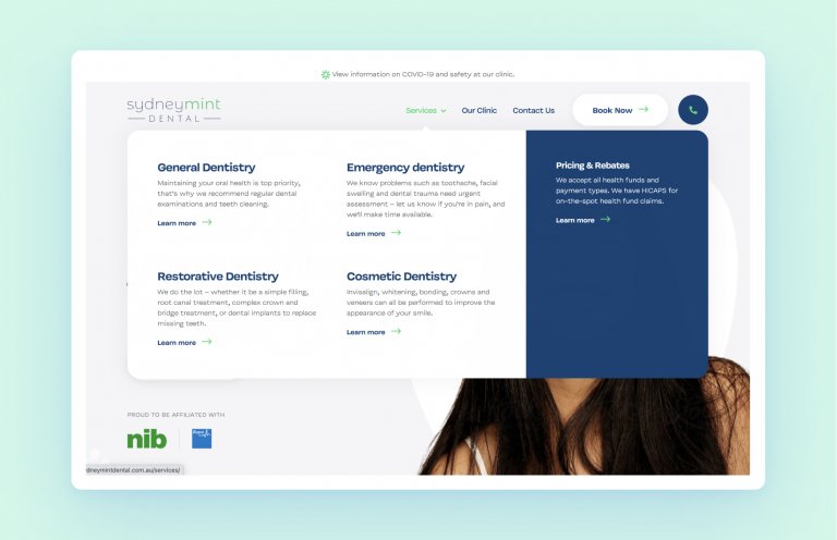 Sydney Mint Dental website navigation