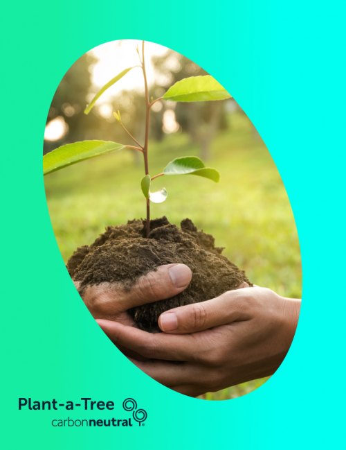 Person holding plant, Plant-a-Tree CarbonNeutral logo at the bottom