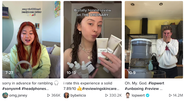 Three TikTok videos of different influencers. The first is reviewing a pair of headphones; the second is reviewing some skincare products; and the third is unboxing an automatic juicer.