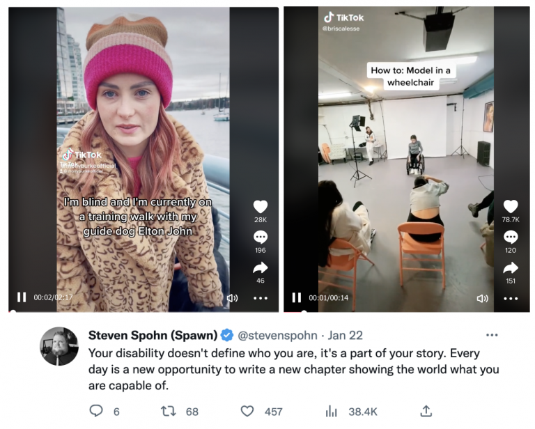 Three examples of content from Molly Burke, Bri Scalesse and Steven Spohn