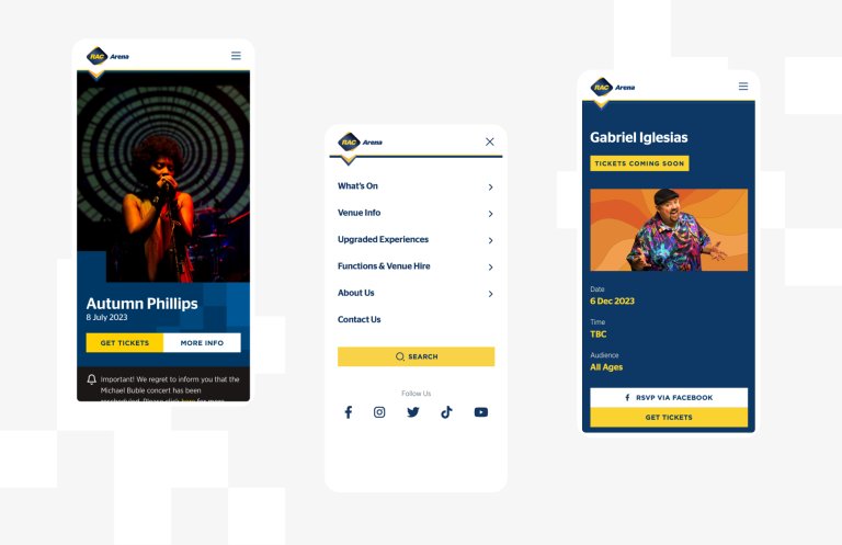 RAC Arena's mobile designs mockup