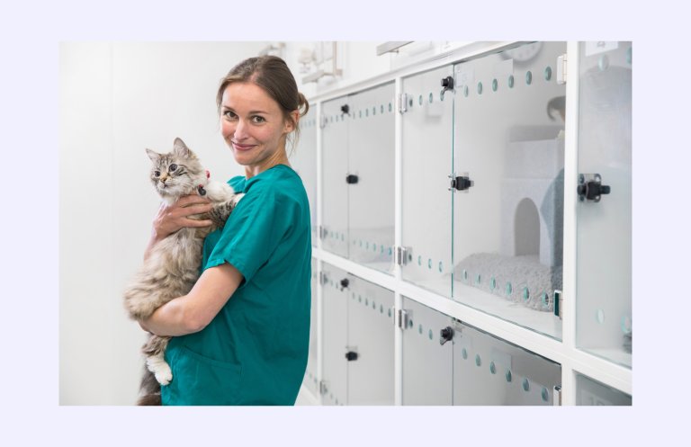 A vet holding a cat near by the kennels smiling