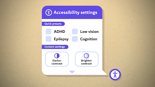 Illustration showing an example of an accessibility overlay with options for low vision, ADHD, epilepsy and cognition